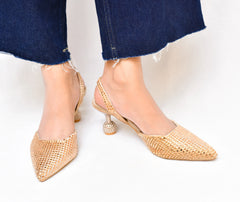 RHINESTONE POINTED TOE SLINGBACK PUMPS - GOLDEN