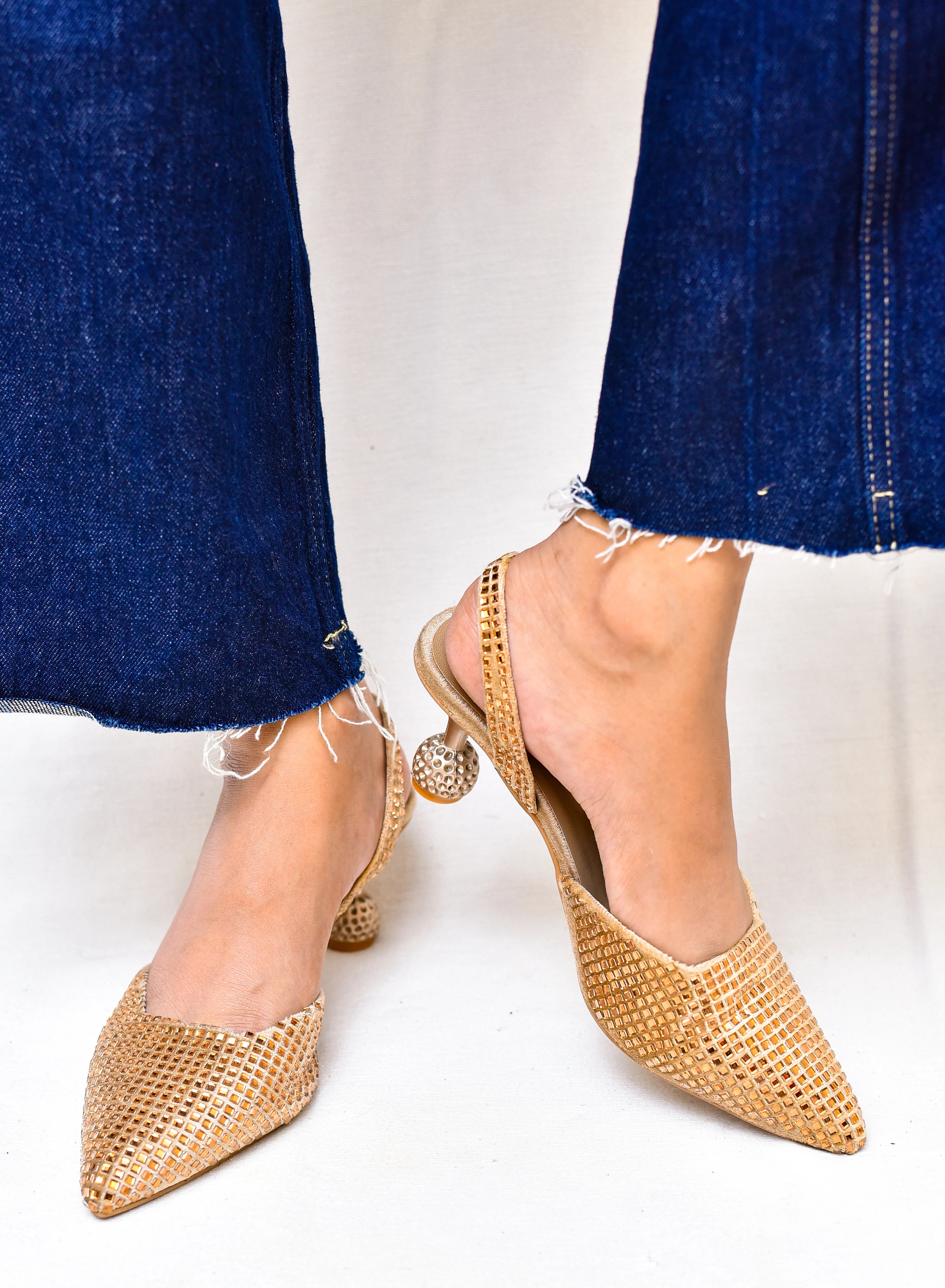 RHINESTONE POINTED TOE SLINGBACK PUMPS - GOLDEN