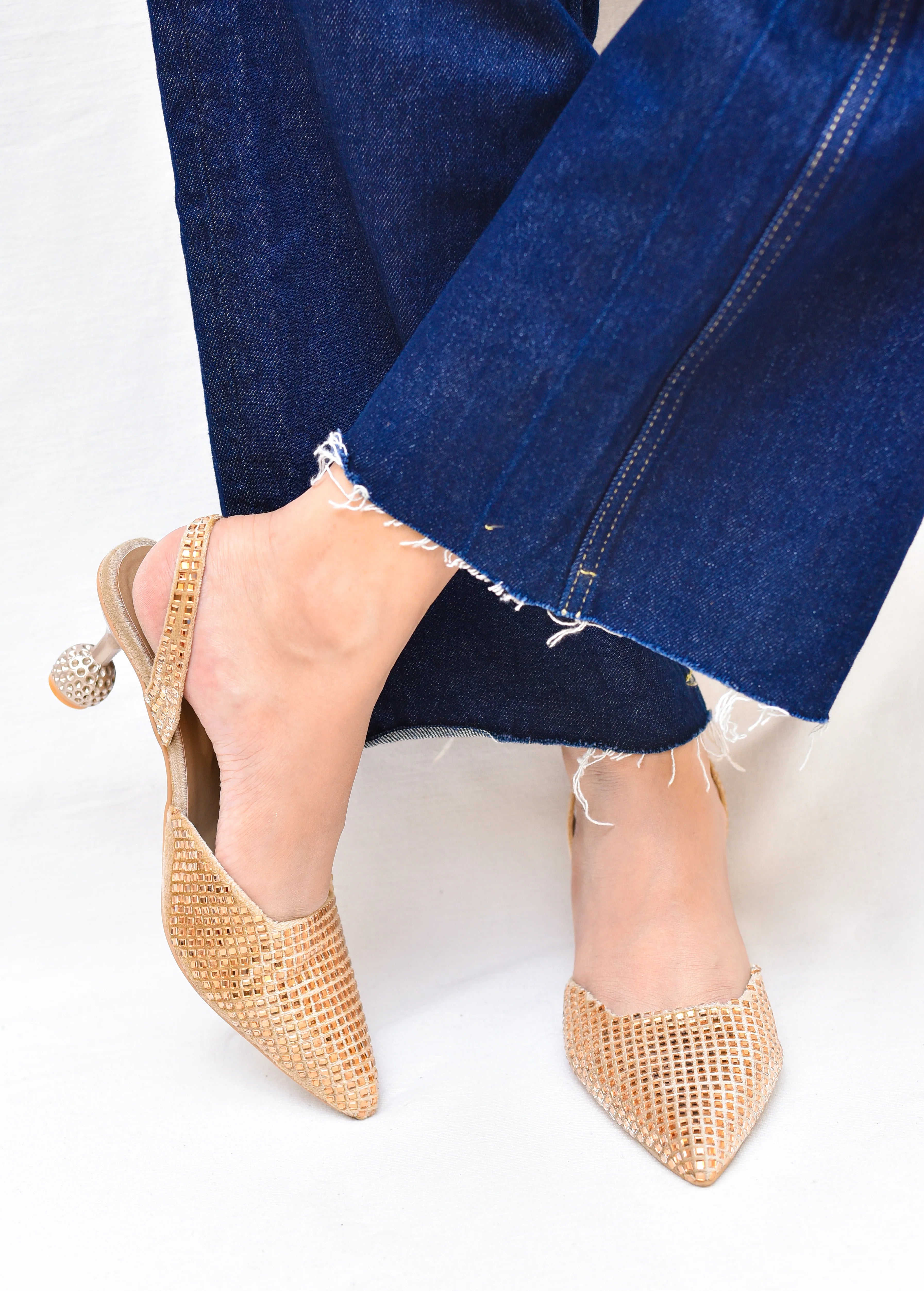 RHINESTONE POINTED TOE SLINGBACK PUMPS - GOLDEN