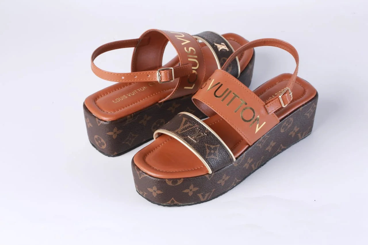 LV MONOGRAM WEDGES SANDALS - BROWN