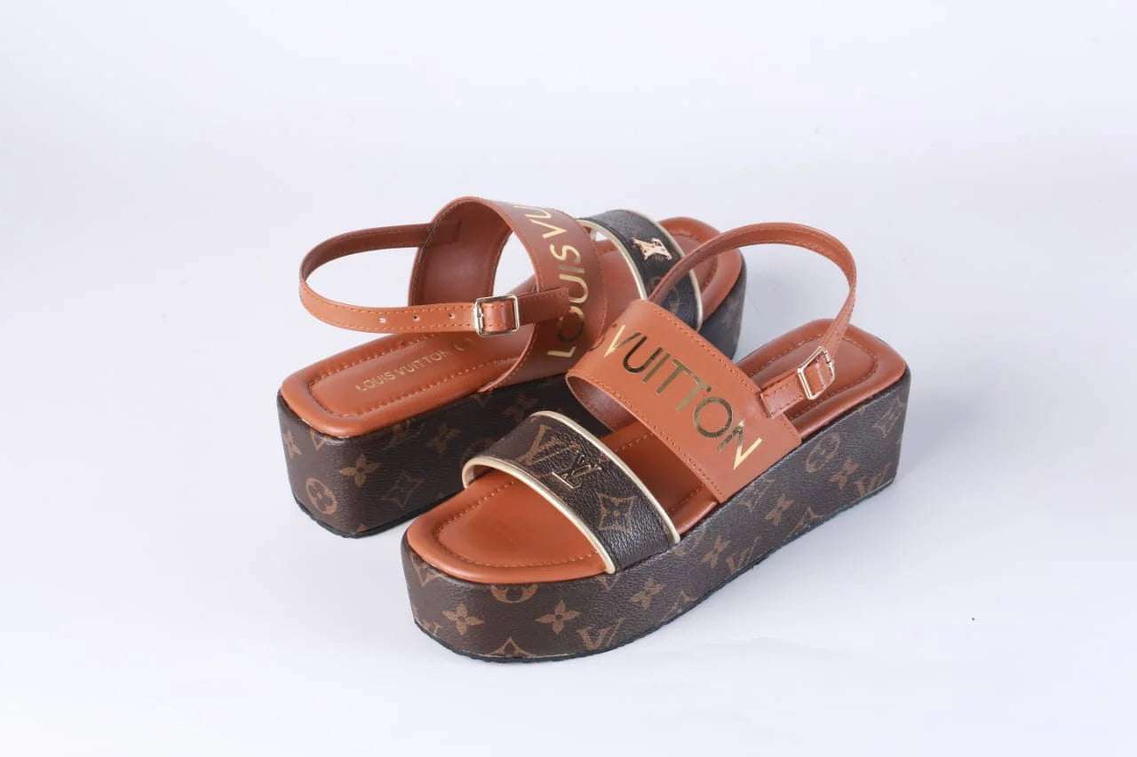 LV MONOGRAM WEDGES SANDALS - BROWN