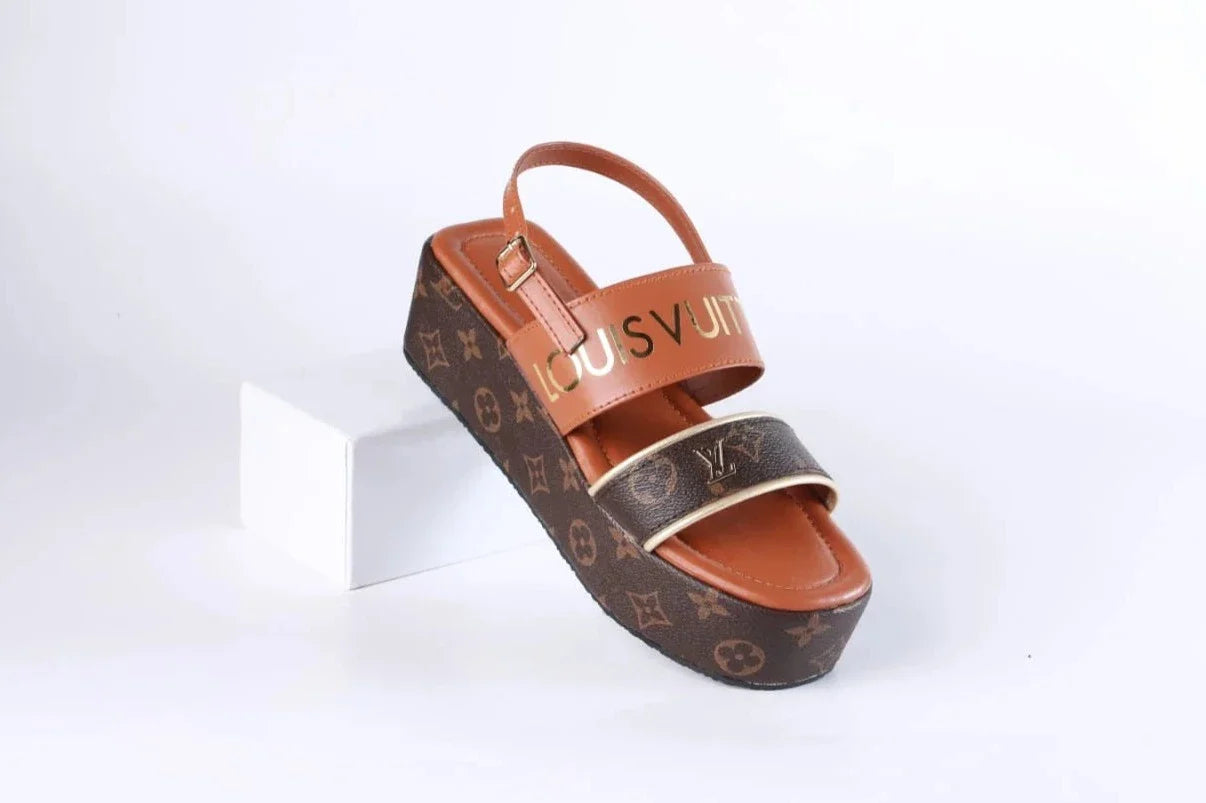 LV MONOGRAM WEDGES SANDALS - BROWN