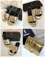 COMBO DEAL - YSL CROSS BODY BAG & YSL SLIDES - GOLDEN