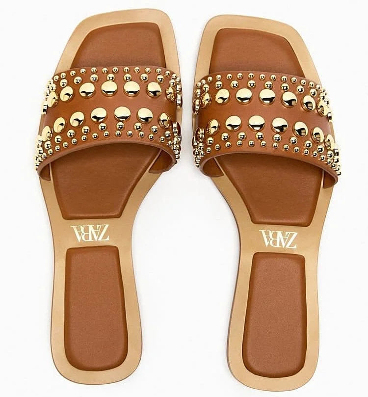 VINYL SLIDER SANDALS WITH STUDS - BROWN