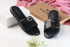 COACH METAL LOGO FLAT SLIDES - BLACK