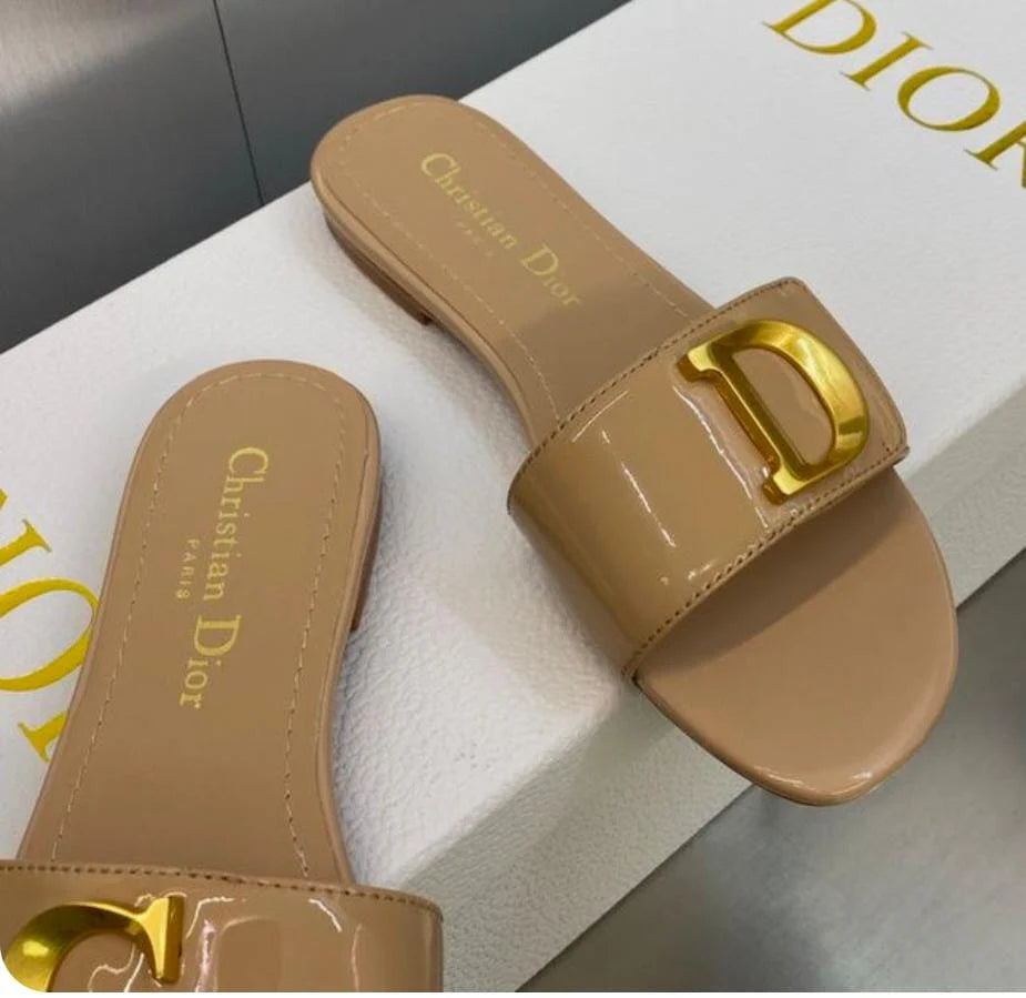 CHRISTIAN DIOR METAL LOGO CD SLIDES - BEIGE